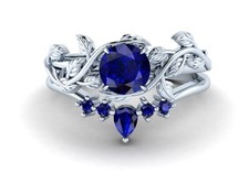 Leaf Round Cut Blue Sapphire Engagement Gifts 925 Platinum Vermeil Wedding Rings