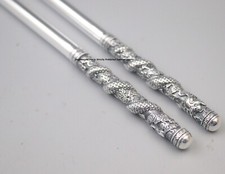 Pure S999 Fine Silver 999  Dragon Phoenix Dinnerware Chopsticks 55-56g 7.87inch