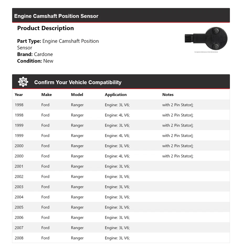 For 1998-2008 Ford Ranger Engine Camshaft Position Sensor Cardone 1999 2000 2001 - Image 2 of 4