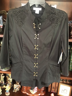 Contrast Black Embellished Lace Fitted Three-Quarter Sleeve Top, Size Medium