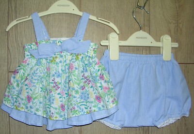 Monsoon Mädchen blau gestreift Blumen Rüschen Top & Hose Set Outfit Alter 0-3 Monate