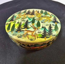 Vtg Handmade in Kashmir India Lacquer Paper Mache Deer Tiger Trees Mountain - B4