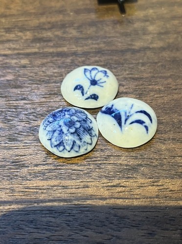Vintage Porcelain Blue Transfer Cabochons Mixed Set Of 3