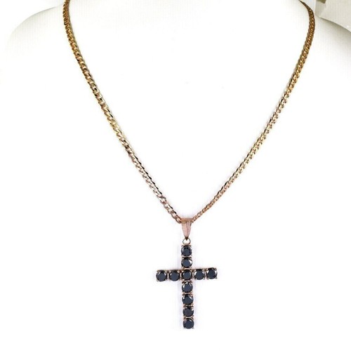 Ciondolo design croce diamante nero 10 ct. con catenina placcata oro in argento 925 - Foto 2 di 5