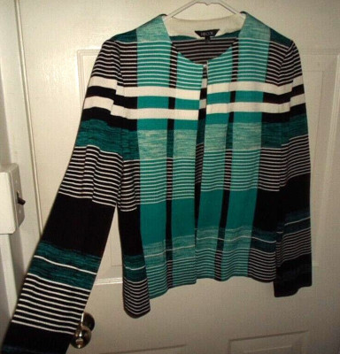 MISOOK Knit Jacket/Blazer Teal/Black/Wh Plaid Flyaway Long Sleeve Sz SMALL