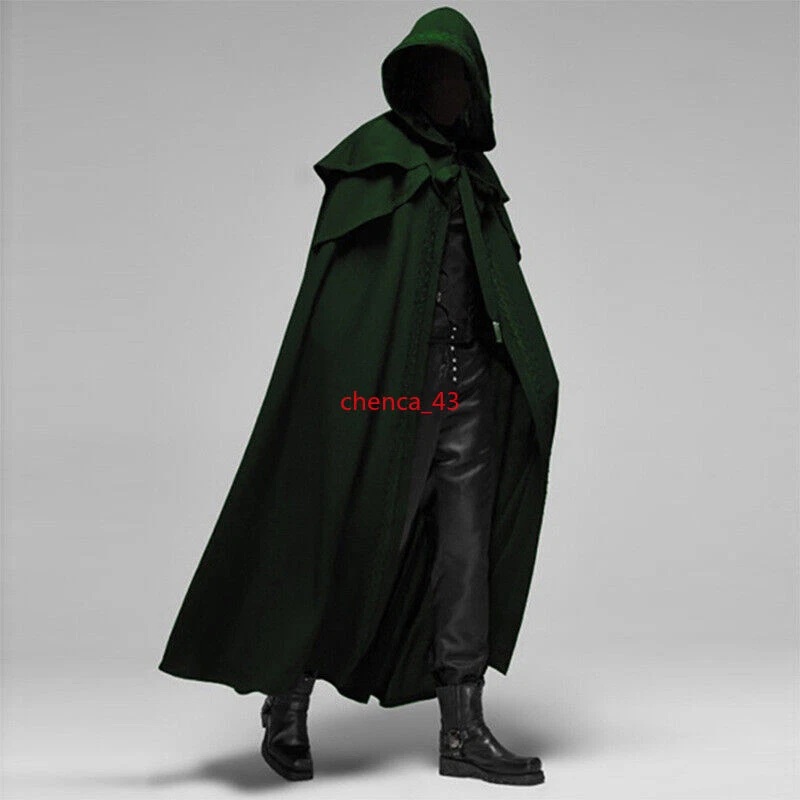 Mens Renaissance Gothic Cape Long Coat Hooded Vintage Cloak Cosplay Medieval 1PC - Image 3 of 4
