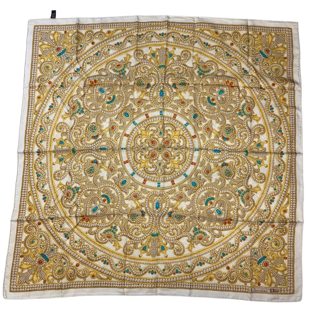 Petit foulard Christian Dior blanc jaune perle or tous motifs occasion NE51 0