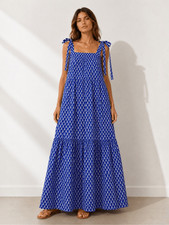 SZ Blockprints Tie Shoulder Artisan Cotton Maxi Dress M Coastal Resort Boho Chic