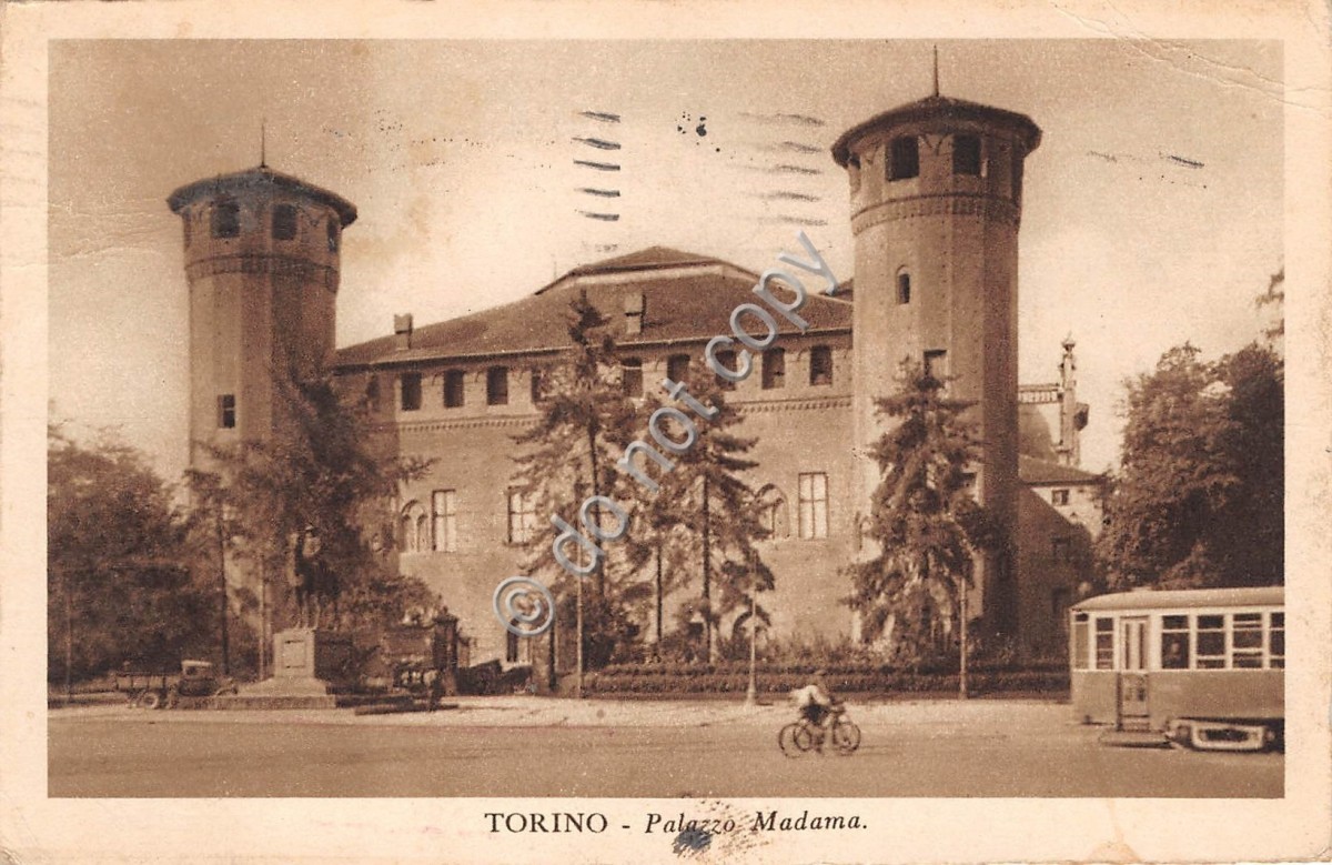 Cartolina - Torino Palazzo Madama bicicletta tram 1936