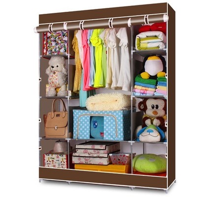 4-Tier Fabric Closet Storage 10-Cube - Zipper Door, Coffee, Hanging Rod Wardrobe