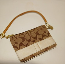 COACH Small Vintage Khaki/White Signature Stripe Wristlet Canvas