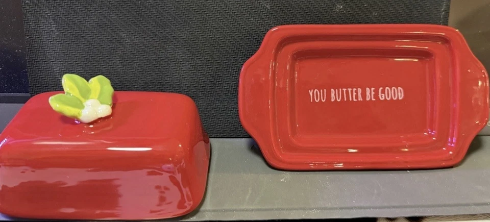 Ceramic Red Mini Covered Butter Dish “You Butter Be Good” with Green Leaf 5” - Image 2 of 4