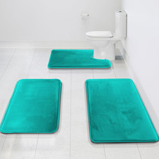 Velvet Memory Foam Bathroom Rug Set Non-Slip Washable Dries Quickly Teal