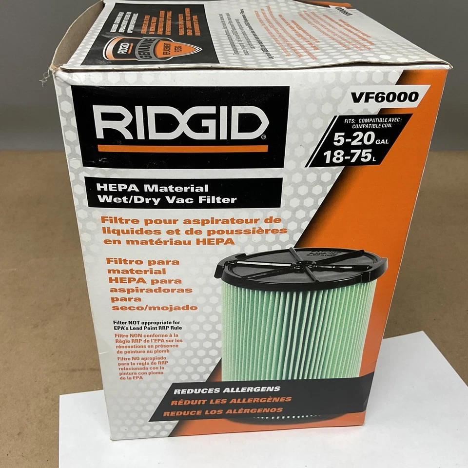 Cartucho de filtro HEPA de 5 capas Ridgid VF6000 HEPA verde húmedo/seco húmedo aspiradora Foto 4 de 4