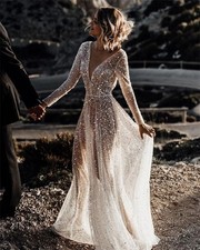V- Neck Sequins Wedding Dresses Long Sleeves Floor Length Backless Bridal Gowns