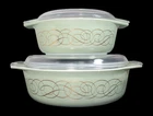 Vtg Pyrex Golden Scroll Sage Green Promo Casserole w/ Lid 043 & 045 Set of 2