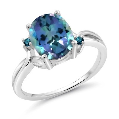 3.03 Cttw Millennium Blue Mystic Topaz and Blue Diamond 3-Stone Ring For Women