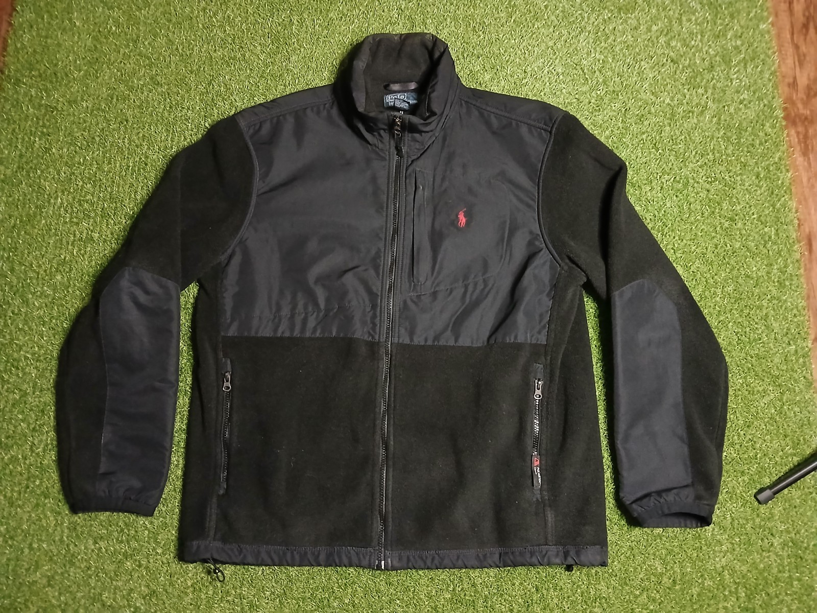 Vintage Polo Ralph Lauren Polartec Denali pile giacca cappuccio uomo L nero rosso pony