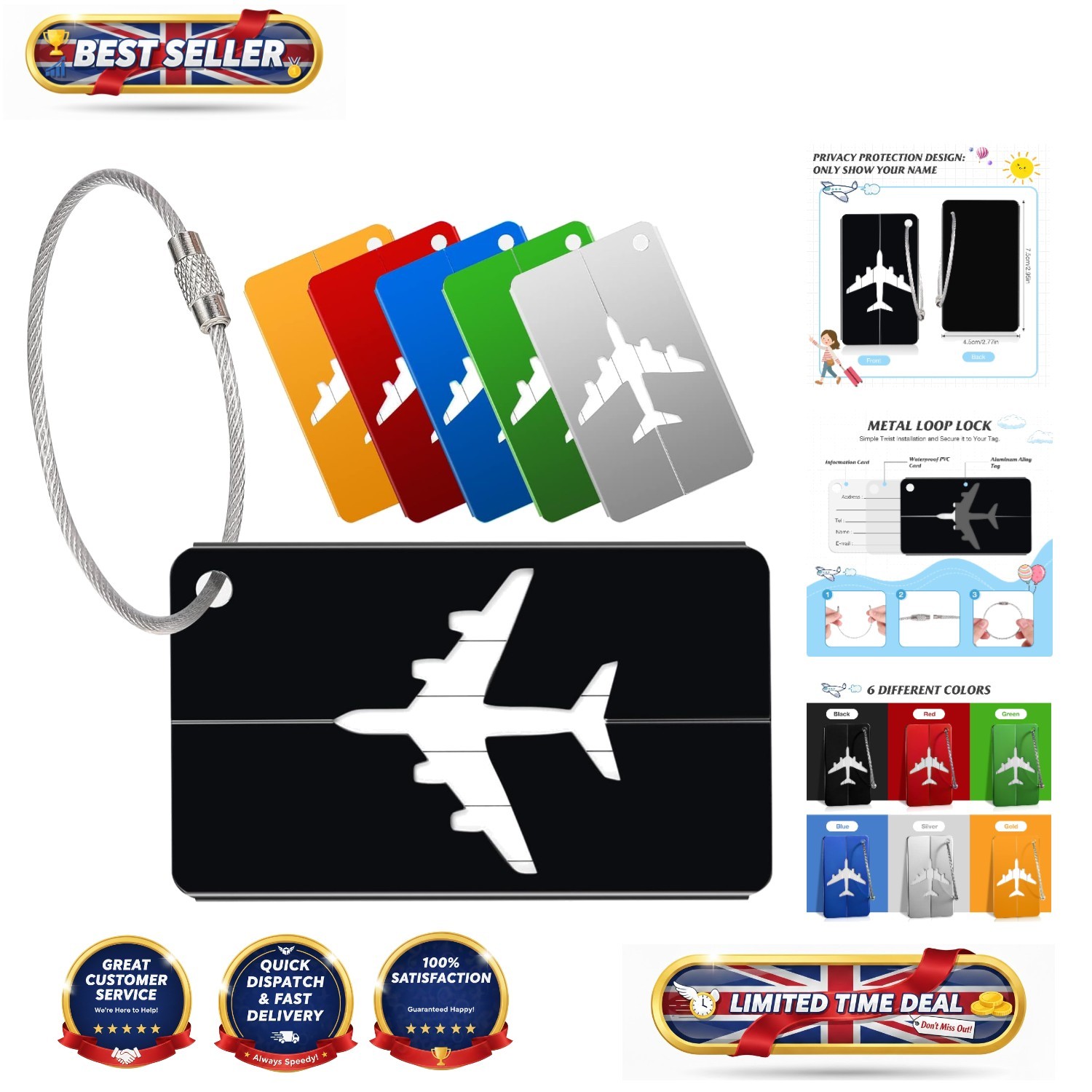 Aluminium Alloy Luggage Tags - 6 Pack with Steel Loop for Ultimate Durability