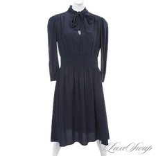 NWT Prada Midnight Blue Crepe de Chine Long Sleeve Silk Minimalist Dress 46