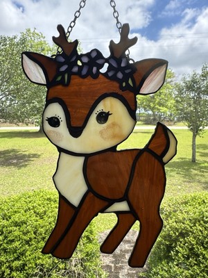 Deer Stained Glass Style Hanging Window Suncatcher w/ Chain, Brown