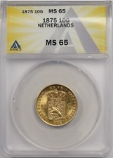 1875 Netherlands 10G ANACS MS 65 Gold 10 Gulden