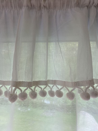Pair Vintage Sheer White Panel Curtains Pom Pom Fringe Attached Valance 45”x45” - Picture 4 of 11