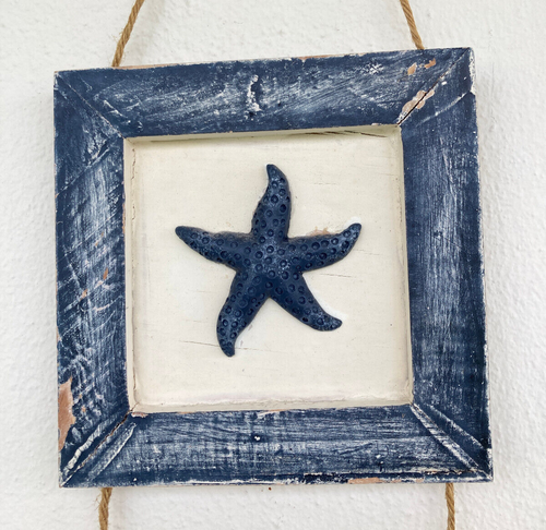 Wooden Nautical Framed Wall Art with Starfish Seashell Sea Dragon 6 x 6" VTG 70s