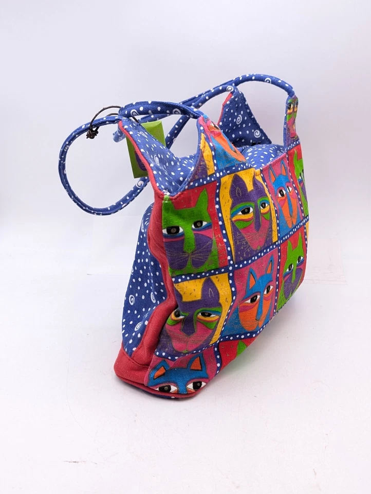 Laurel Burch Cat Purse Double Sided Red Blue Embellished Cats Bag Tote Bright - Image 3 of 4