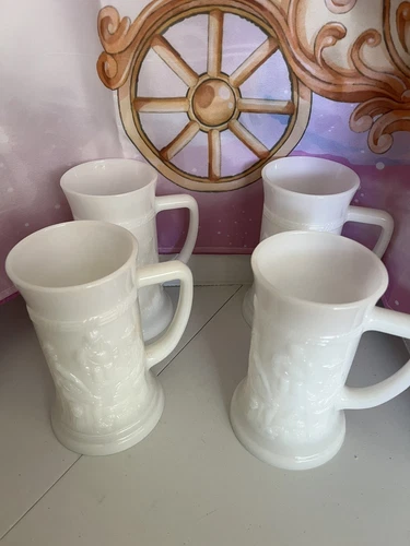 Federal Milk Glass Pub Bar Tavern Scene Beer Stein Mug set of 4 VTG 12 oz 6"tall