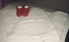 GORGEOUS White Baby Blanket And Red Pair Of Booties- Handmade/NEW-Nice Gift