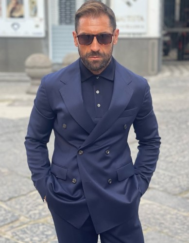 Marineblau Herren Anzüge Business Formell Zweireiher 2 Teile Offizielle Jacke Blazer - Bild 2 von 15