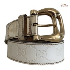 Authentic Gucci White GG Embossed Guccissima Leather Gold Buckle Belt 85/34
