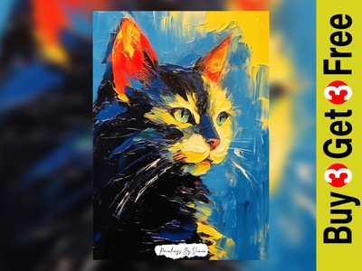 Bold Vibrant Cat Portrait, Oil Painting Print 5''x7'' on Matte Paper