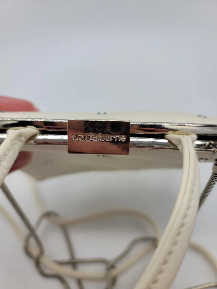 Vintage LIZ CLAIBORNE White Ivory Clasp Box Purse Rhinestone Crossbody Clutch - Image 4 of 4