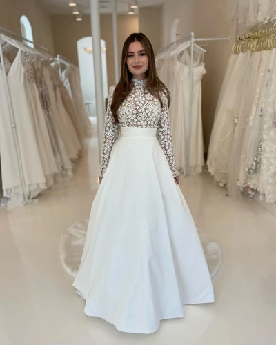 Satin Hochzeitskleider mit hohem Ausschnitt Vollarm Spitze A-Linie formelle Braut erwachsen - Bild 4 von 9