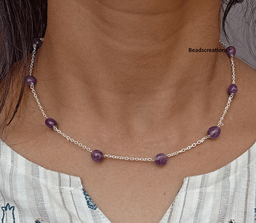 925 Sterling Silver Smooth Oval Amethyst Beads Chain Necklace Jewelry Gift Her - Picture 1 of 5