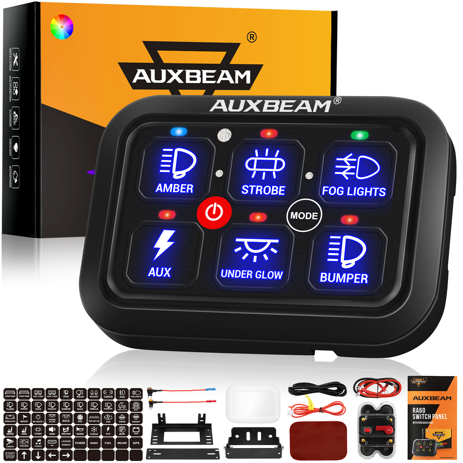 AUXBEAM RA60 RGB 6 Gang Switch Panel For Car Pickup Truck Jeep Boat UTV SUV ATV