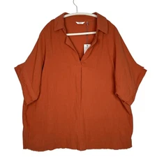 Kaktus Gauze Blouse 1X Terracotta Rust Frayed Trim Boxy Tunic Top Minimalist NWT