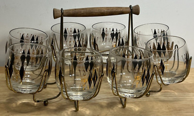 MCM 8 VTG FEDERAL HARLEQUIN ROLY POLY GLASSES + CADDY BLACK DIAMOND ATOMIC