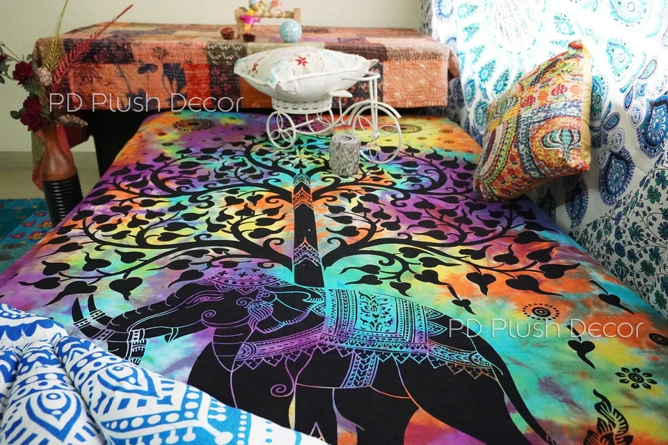 Tapeçaria Multi Tie Dye Elefante Indiano Tapeçarias Boêmias Boho Hippie Colcha - Imagem 3 de 4