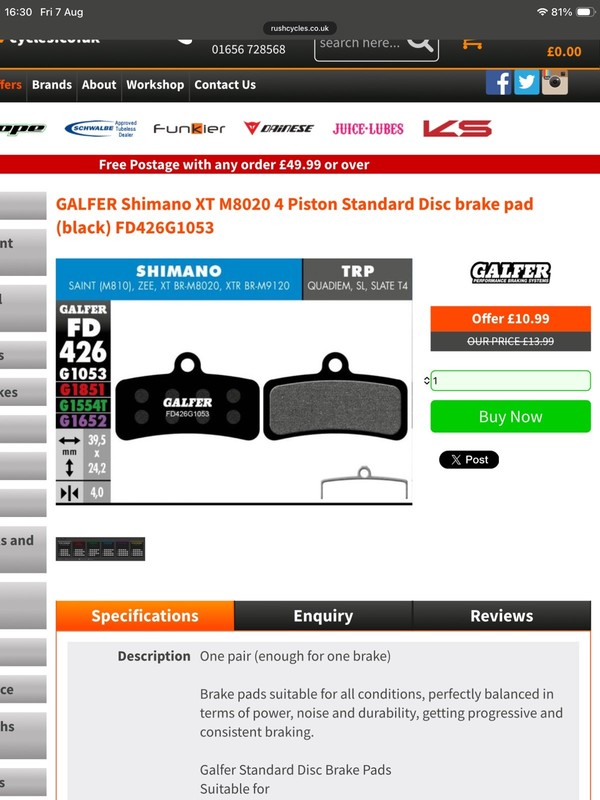 Galfer FD426G1053 Shimano XT, SAINT, ZEE , STANDARD G1053 Pads X4 Sets