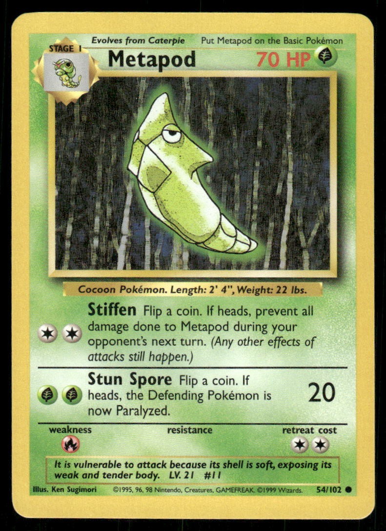 Metapod 1999 Common Base Set Unlimited WOTC Vintage Pokemon Card 54/102 (NM)