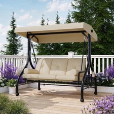 800 LBS Outdoor Porch Swing 3 Seat with Stand Canopy Cup Holder Khaki Garden
