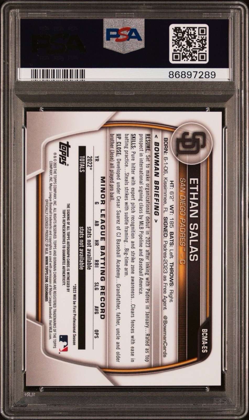 2023 Bowman Chrome Mega Box Auto #ES Ethan Salas PSA 10 GEM MT view 2