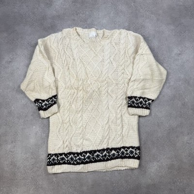 Handgestrickter Arran Pullover Damen Medium Zopfmuster Wolle Strickpullover, cremeweiß