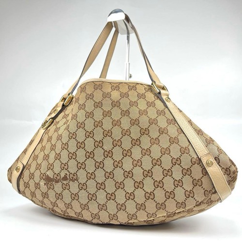 Gucci Abbey Large Handbag Beige Cream GG Canvas Leather 15.7x9.4x3.9 in