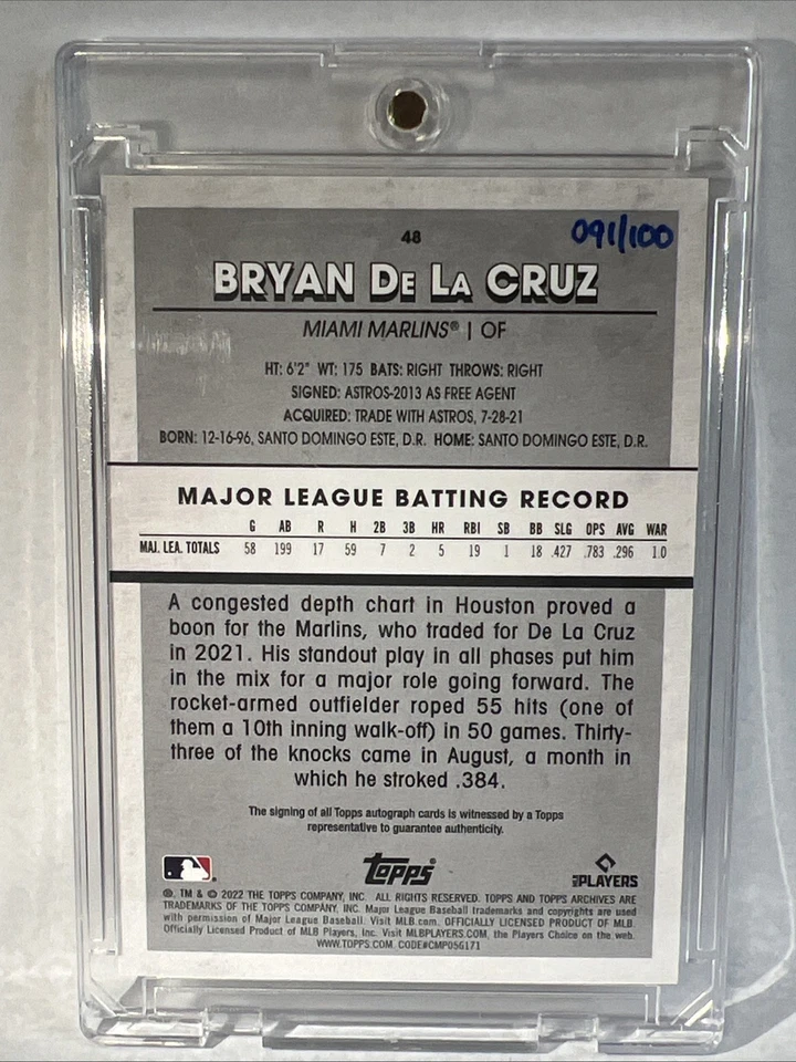 2022 Topps Archives Snapshots - Bryan de La Cruz Autograph Auto Negative  /100 - Image 2 of 2