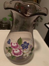 Fenton for Teleflora 8" Ruffled Purple Amethyst Glass Vase Hand-Painted Flowers