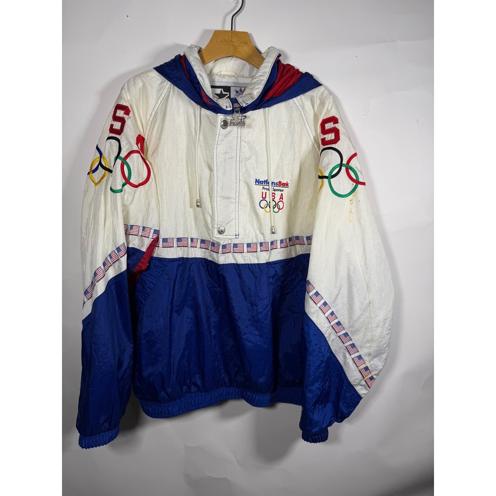 Vintage Starter USA Olympic Windbreaker Jacket NationsBank 90s Mens White FLAW